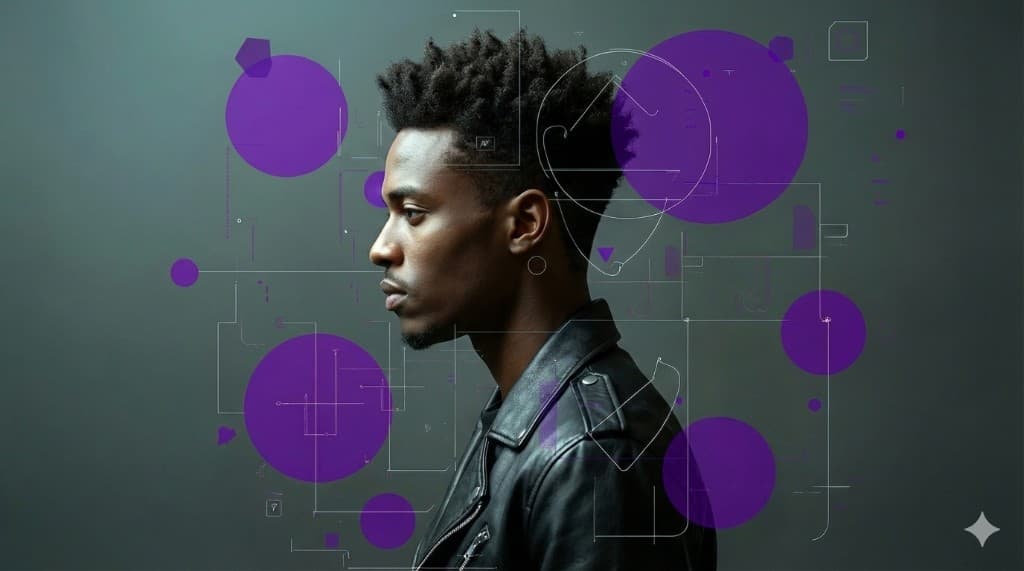 Profile portrait with purple technical overlays